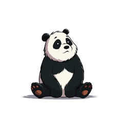 Fototapeta premium A cartoon panda sits with a soft gaze, featuring a distinct black and white fur pattern, placed on a plain background. The panda appears introspective and endearing.