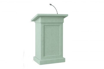 Glossy green podium standing near microphone, waiting on transparent backdrop for professional speaking engagement