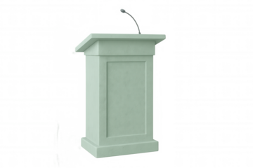 Glossy green podium standing near microphone, waiting on transparent backdrop for professional speaking engagement