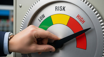 A risk indicator pointing to high, representing risk assessment, management, and analysis in business, finance, and investment strategy
