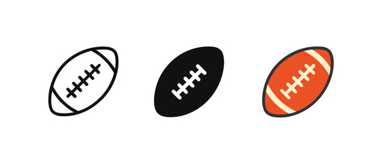 Rugby ball icons in diverse styles: outline, silhouette, and colored versions
