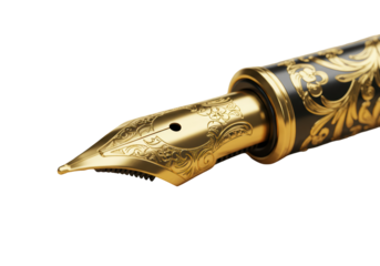 Isolated fountain pen nib closeup with gold embellishments, ornate design and elegance, vintage