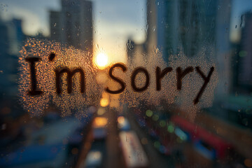 Sunset view with rain-kissed window and handwritten message expressing apology over a bustling cityscape Generative AI