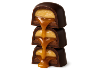 Stack of dark chocolate candies with flowing caramel and peanut butter filling on transparent...