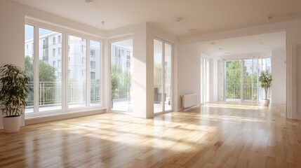Obraz premium A minimalist living room with clean lines, white walls, and wooden floors, exuding simplicity.
