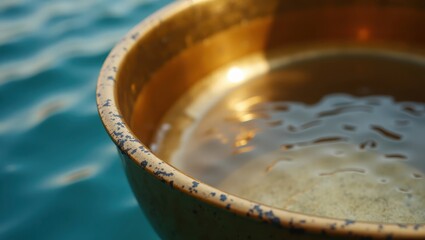 Close-up of a golden bowl, filled with liquid, reflecting light, situated on a teal surface.