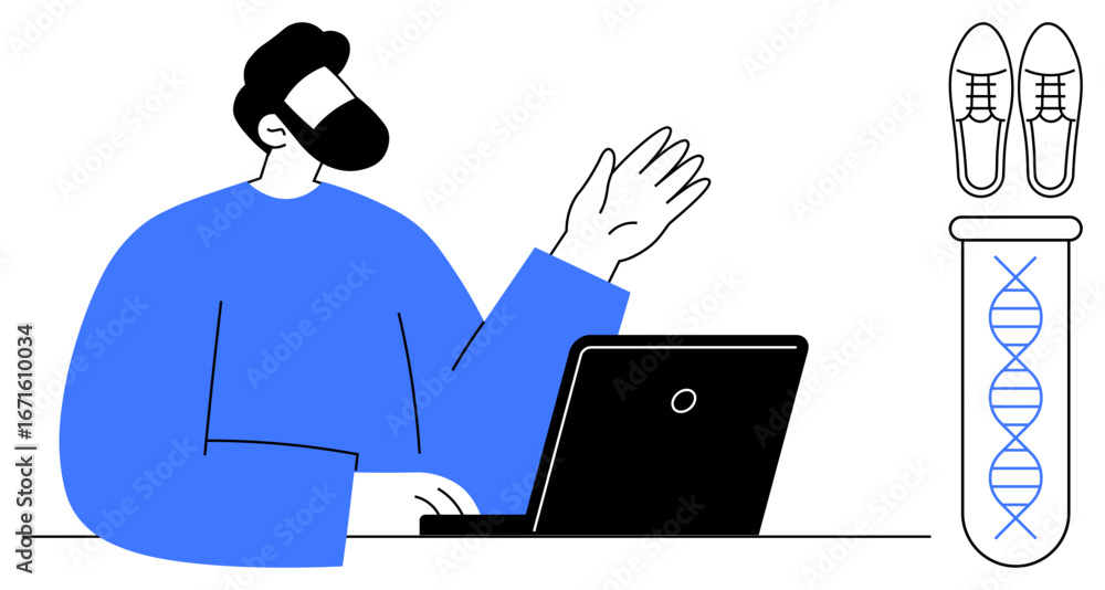 Aufkleber man using a laptop gestures to explain a dna helix in a test tube beside shoes. ideal for science, g