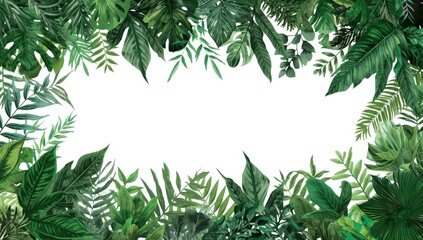 Lush tropical foliage forms a vibrant green border against a bright white backdrop.