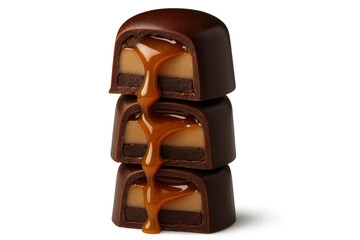 Stack of dark chocolate candies with flowing caramel on transparent background