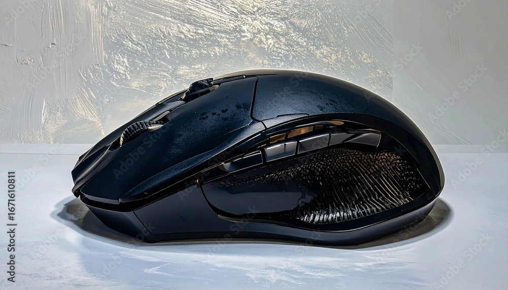 Aufkleber a dark, glossy computer mouse is angled and positioned on a plain white surface against a textured b