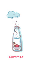 A glass bottle holds a refreshing summer drink with cherries and apples floating inside. A playful cloud drips droplets above, creating a cheerful atmosphere reminiscent of summer.