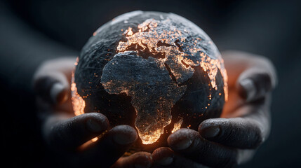 Hands hold a glowing globe representing the Earth at night with detailed continents and illuminated cities Generative AI
