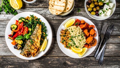 Two delicious and healthy meals featuring grilled fish and roasted vegetables on rustic wooden planks, alongside pita bread, olives, and feta cheese.
