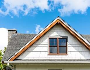 Obraz premium A gable roof with a wooden trim, a window with dark brown frames, and a grey shingle roof, showcased against a bright blue sky with fluffy white clouds.