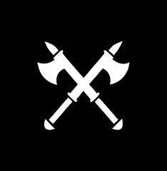 Historic combat icon  white crossed axes silhouette on black background for warrior or RPG design.