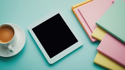 A minimalist, flat-lay composition of a white tablet, a coffee cup, and a stack of colorful notebooks, set against a pastel mint background.