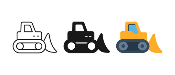 Bulldozer icons in outline, solid, and colorful styles for construction design