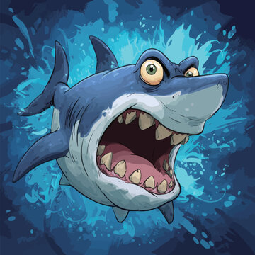 A cartoon shark with large eyes and an open mouth with sharp teeth stands out against a vivid blue background. The playful design captures attention and evokes fun.