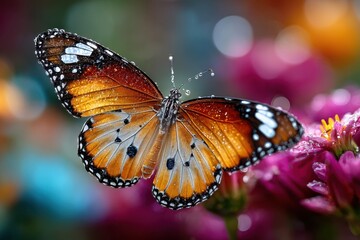 Naklejka premium A vibrant butterfly with dewkissed wings perched on a colorful flower