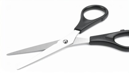 A pair of stainless steel scissors with black plastic handles, displayed against a pure white background.