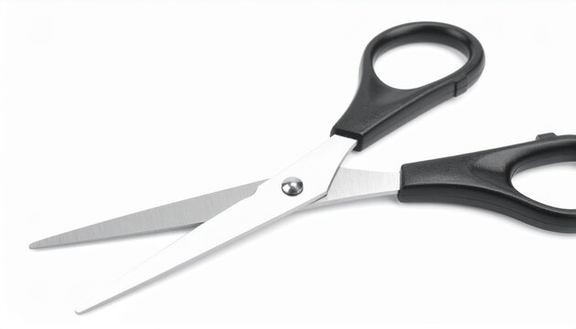 A pair of stainless steel scissors with black plastic handles, displayed against a pure white background.