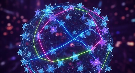 Abstract Network Sphere with Glowing Geometric Stars and Vibrant Neon Light Trails on a Dark Bokeh Background