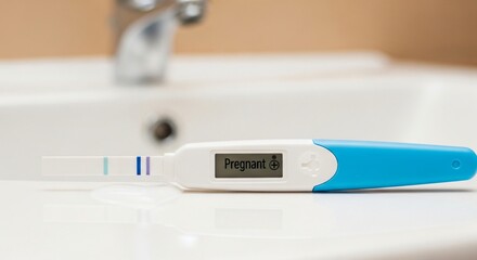 Close Up Shot of a Positive Pregnancy Kit Placed on a Bathroom Sink