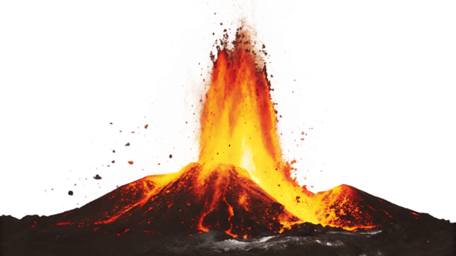 Fiery volcano eruption with molten lava and ash isolated on a transparent background - Powered by Adobe