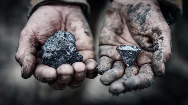 From Coal to Diamond: A striking composition features a pair of weathered hands, revealing the transformation from a piece of rough coal to a dazzling diamond, symbolizing potential and resilience.