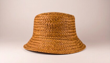 A light brown woven straw bucket hat sits against a neutral background.