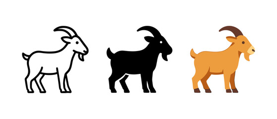 Trio of goats in different styles: outline, silhouette, and flat design