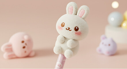 Adorable Fluffy White Bunny Character on Pink Pencil, Pastel Desk Accessories, Cute Animal Stationery, Minimalist Design