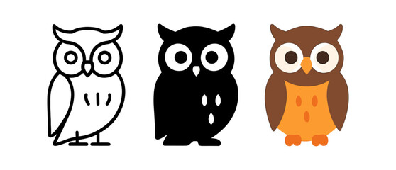 Variety of owl designs: outline, silhouette, and colorful cartoon style