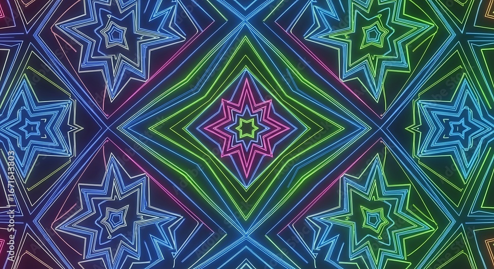 Poster vibrant neon abstract pattern with glowing geometric stars and lines in a symmetrical kaleidoscope d