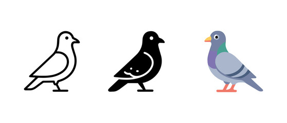 Minimalist to detailed pigeon design: outline, solid, and colorful variations