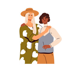Two young women hugging. Close best friends, female couple embracing with love, support and friendship. Happy smiling girls standing together. Flat vector illustration isolated on white background