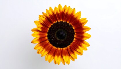 Overhead view of a single sunflower with reddish-orange and yellow petals against a white background