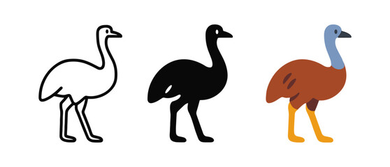 Obraz premium Three simplified emu designs in flat and silhouette style