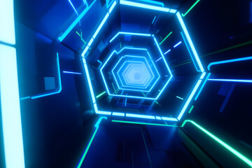 Hexagon Neon Tunnel Background Futuristic Sci Fi Blue Green Glow