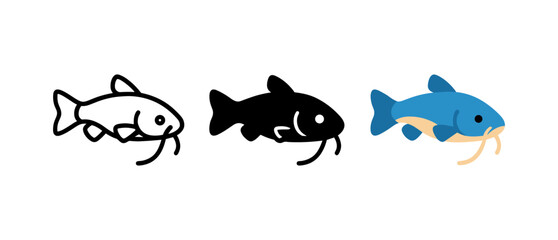 Cartoon catfish trio: outline, silhouette, colorful styles on white background