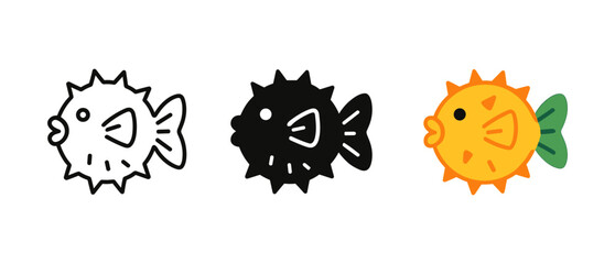 Pufferfish icons in bold line and colorful cartoon style for marine themes