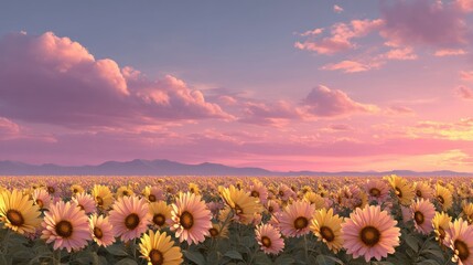 Obraz premium Vibrant sunflower field under a colorful sunset with distant mountains and soft clouds