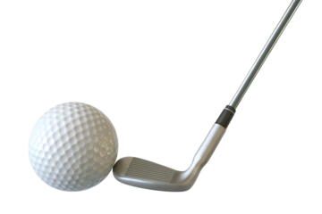 Golf club poised to strike white golf ball isolated on a transparent background sport