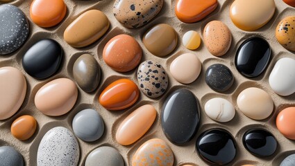 Obraz premium A close-up view showcases a variety of smooth, colorful stones nestled in a textured, light beige surface.