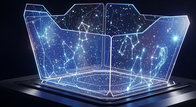 Futuristic Holographic Display Visualizing Celestial Map and Digital Data Network