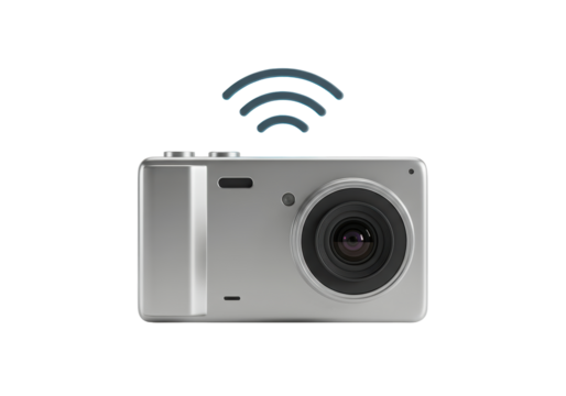 Isolated modern digital camera with wireless icon above it for remote use feature shown