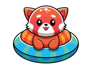 Cute red panda sitting in a pool float