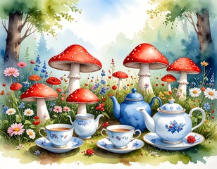 Watercolor painting of a whimsical tea party set amongst vibrant wildflowers and toadstools in a sunlit forest clearing