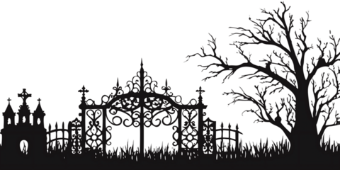 Graveyard gate and dead trees silhouette isolated on a transparent background cemetery