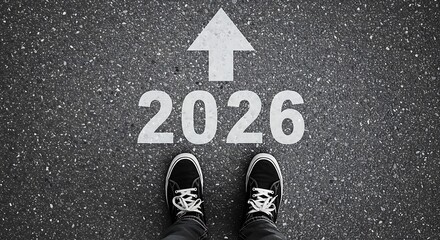 Fototapeta premium Journey forward to 2026 with arrow and shoes on asphalt road